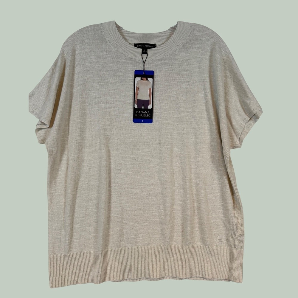 NWT Banana Republic Women Linen Blend Short Sleeve Sweater Ivory Cream •L• Layer